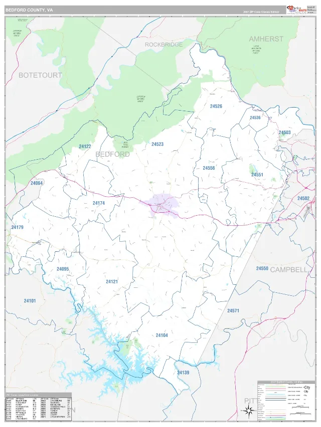 Bedford County, VA ZIP Code Wall Map, Classic style