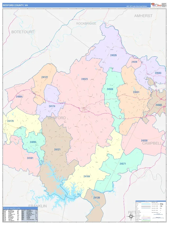 Bedford County, VA ZIP Code Wall Map, ColorCast style