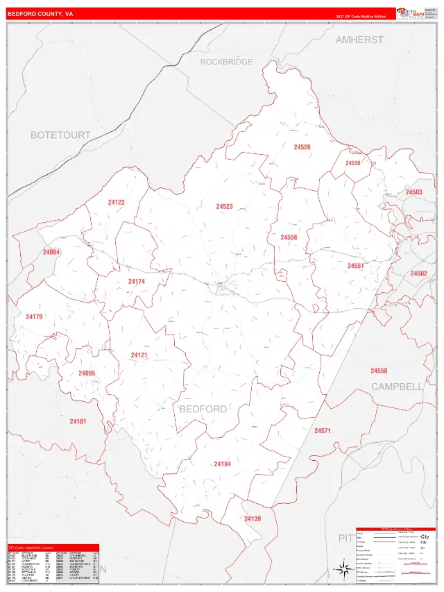 Bedford County, VA ZIP Code Wall Map, RedLine style