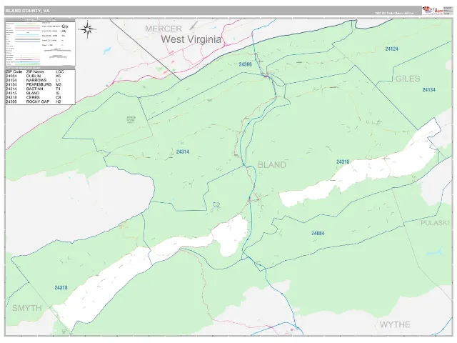 Bland County, VA ZIP Code Wall Map, Classic style