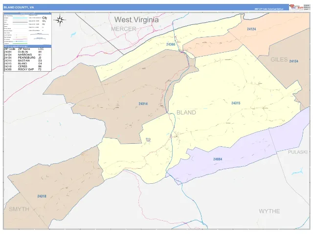 Bland County, VA ZIP Code Wall Map, ColorCast style