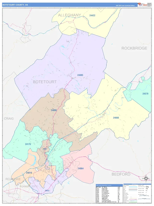 Botetourt County, VA ZIP Code Wall Map, ColorCast style
