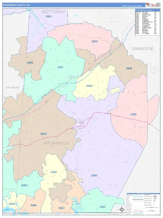 Brunswick County, VA ColorCast style ZIP Code wall map