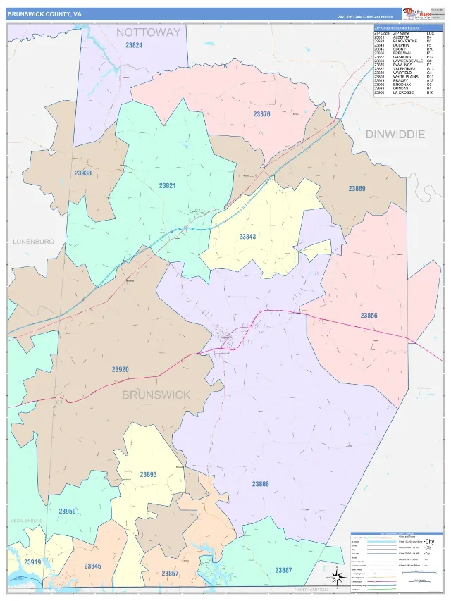 Brunswick County, VA ZIP Code Wall Map, ColorCast style