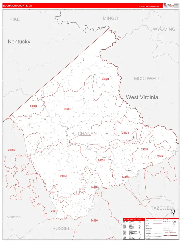 Buchanan County, VA ZIP Code Wall Map, RedLine style