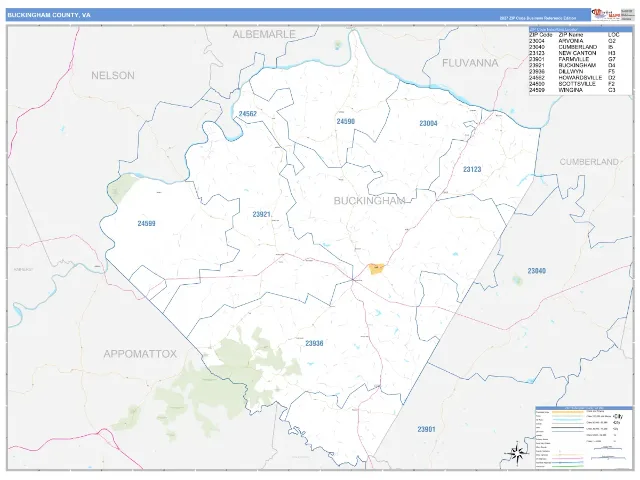 Buckingham County, VA ZIP Code Wall Map, Business Reference style