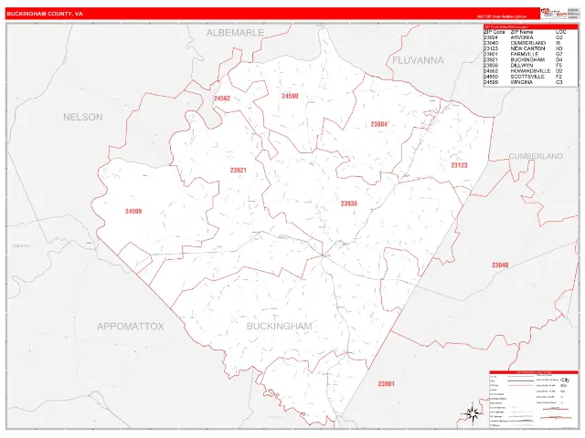 Buckingham County, VA ZIP Code Wall Map, RedLine style