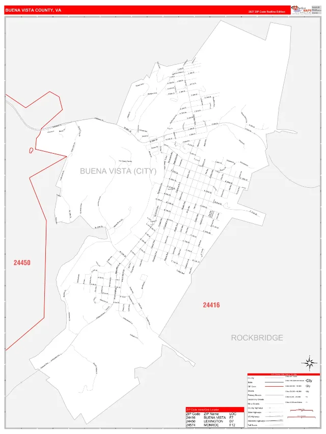 Buena Vista County, VA ZIP Code Wall Map, RedLine style