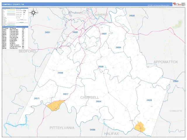 Campbell County, VA ZIP Code Wall Map, Business Reference style