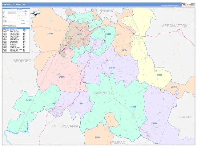 Campbell County, VA ZIP Code Wall Map, ColorCast style
