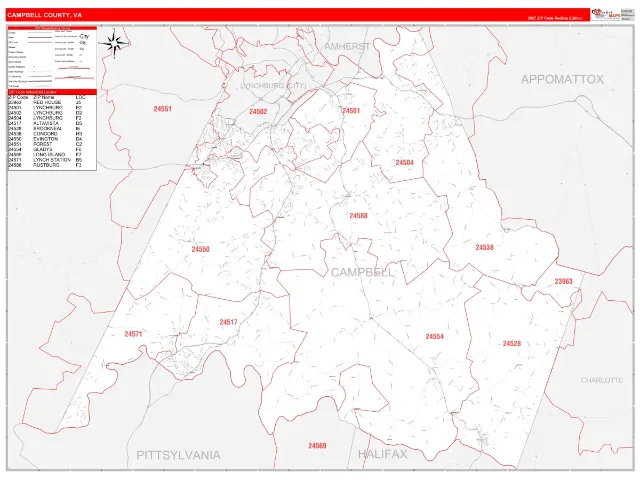 Campbell County, VA ZIP Code Wall Map, RedLine style