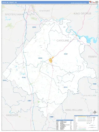 Caroline County, VA Business Reference style ZIP Code wall map
