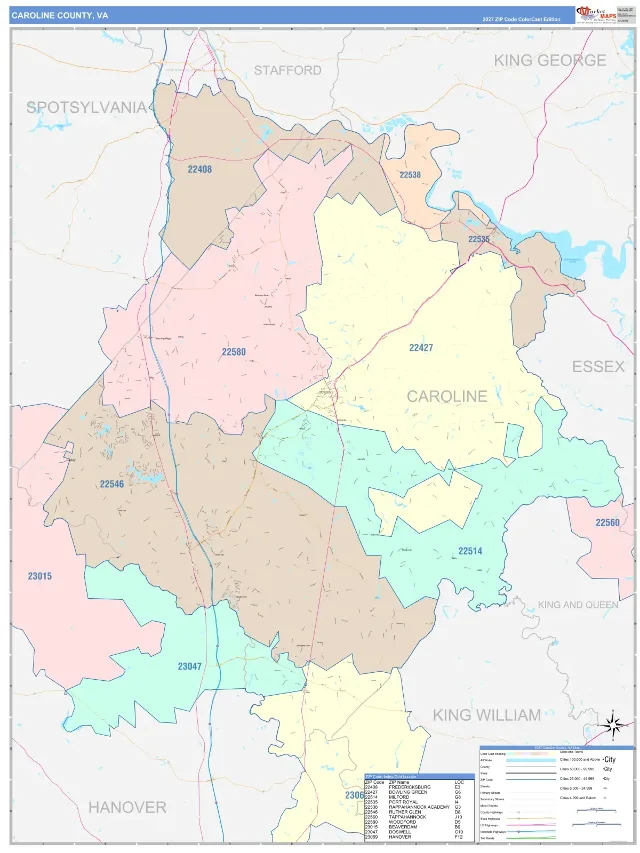 Caroline County, VA ZIP Code Wall Map, ColorCast style