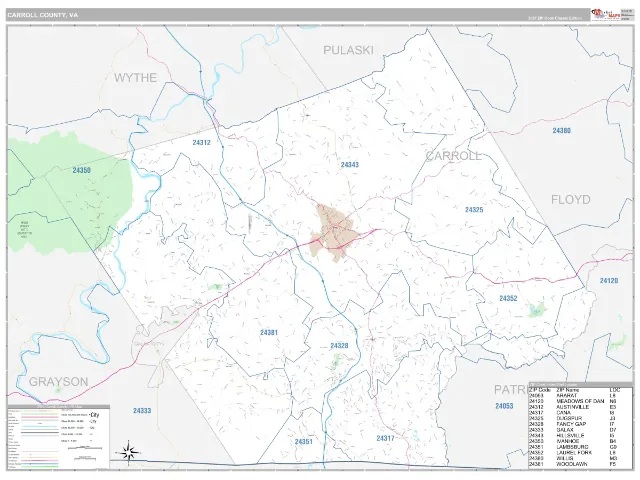 Carroll County, VA ZIP Code Wall Map, Classic style
