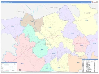 Carroll County, VA ColorCast style ZIP Code wall map