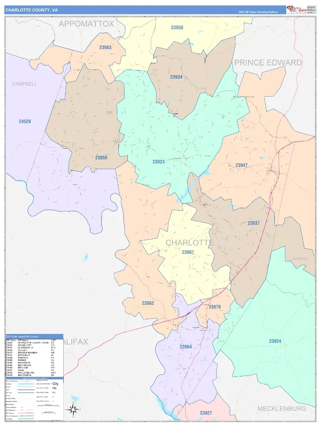 Charlotte County, VA ZIP Code Wall Map, ColorCast style
