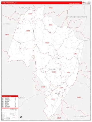 Charlotte County, VA RedLine style ZIP Code wall map