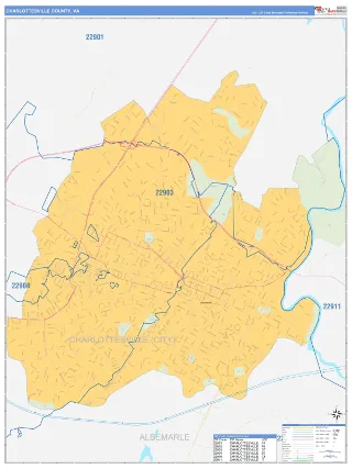 Charlottesville County, VA Business Reference style ZIP Code wall map