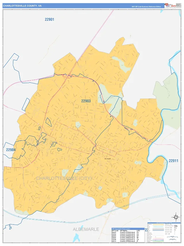 Charlottesville County, VA ZIP Code Wall Map, Business Reference style