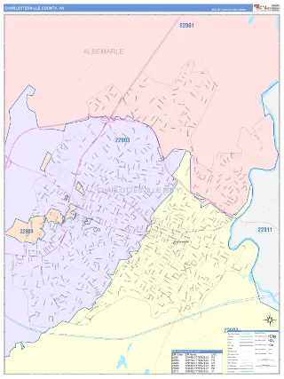 Charlottesville County, VA ColorCast style ZIP Code wall map
