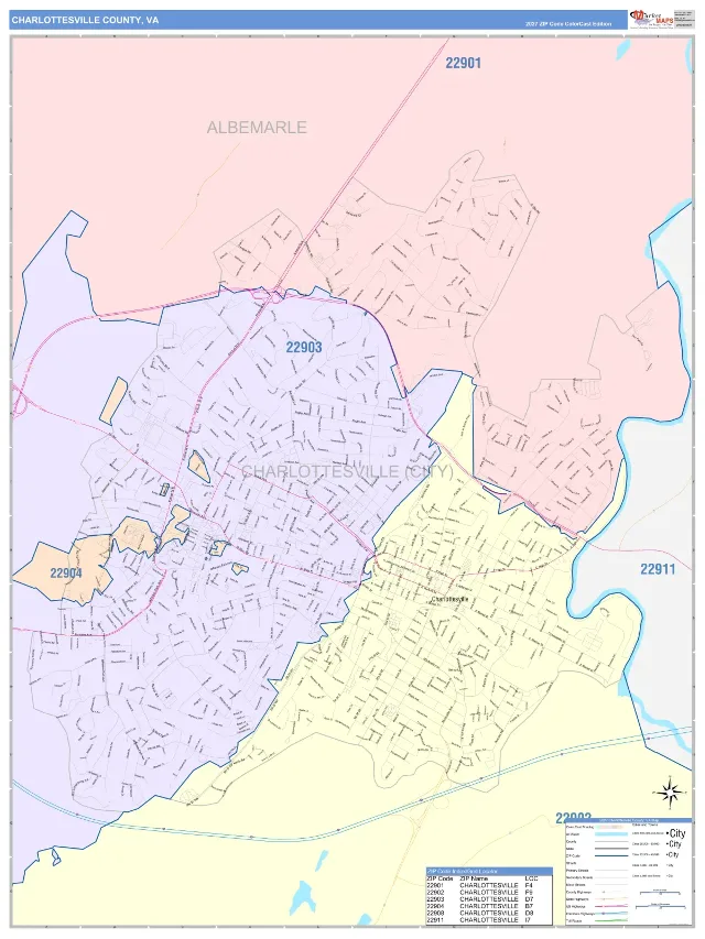 Charlottesville County, VA ZIP Code Wall Map, ColorCast style