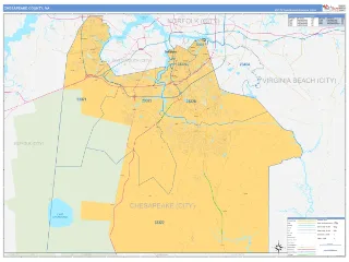 Chesapeake County, VA Business Reference style ZIP Code wall map