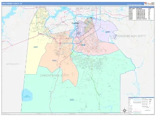 Chesapeake County, VA ColorCast style ZIP Code wall map