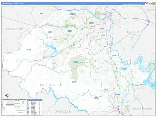 Chesterfield County, VA Business Reference style ZIP Code wall map