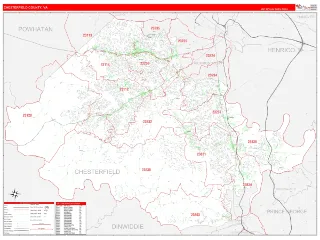 Chesterfield County, VA RedLine style ZIP Code wall map