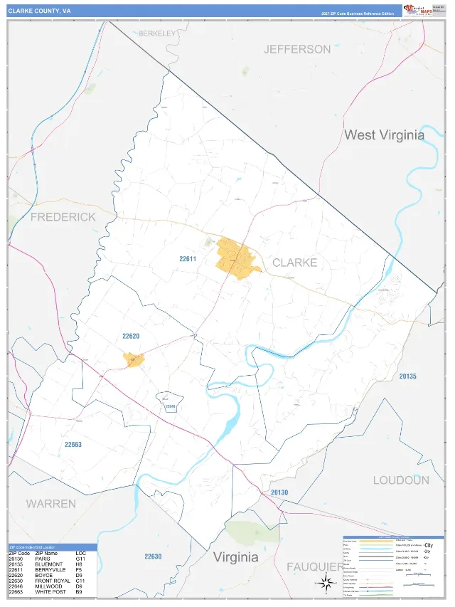 Clarke County, VA ZIP Code Wall Map, Business Reference style