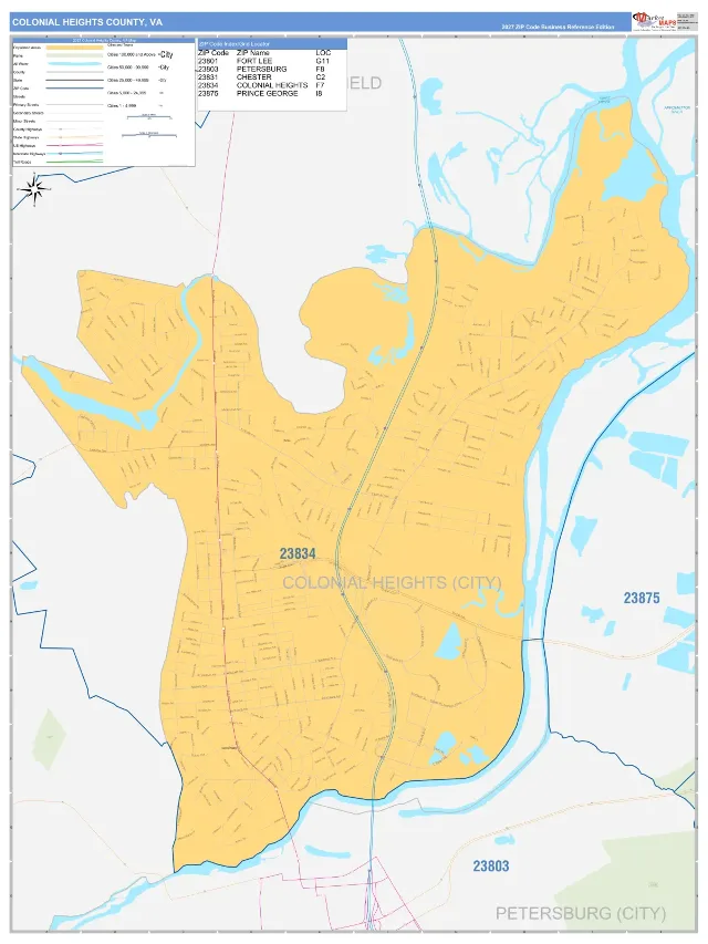 Colonial Heights County, VA ZIP Code Wall Map, Business Reference style