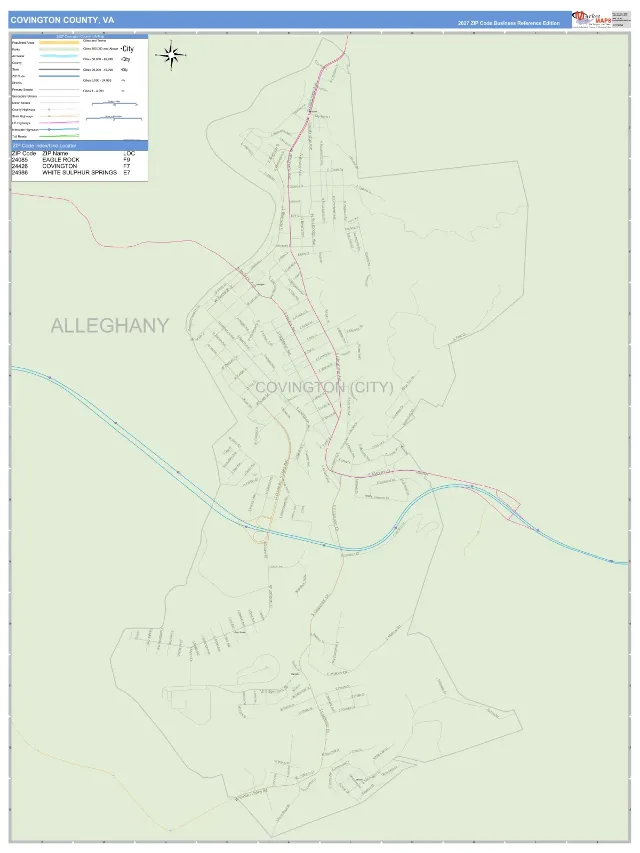 Covington County, VA ZIP Code Wall Map, Business Reference style