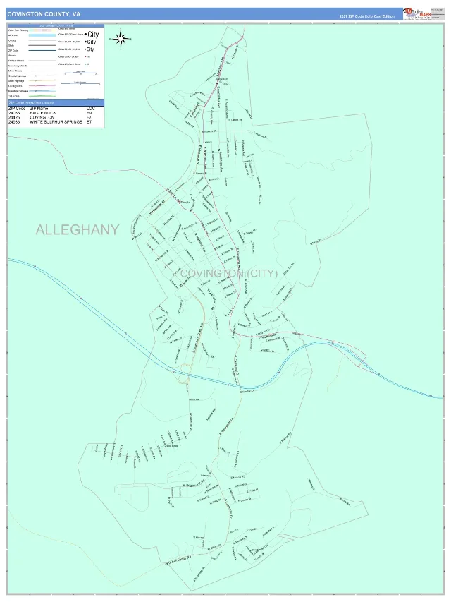 Covington County, VA ZIP Code Wall Map, ColorCast style