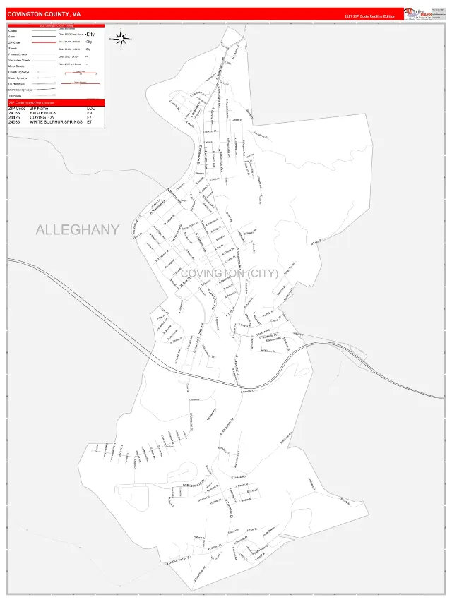 Covington County, VA ZIP Code Wall Map, RedLine style