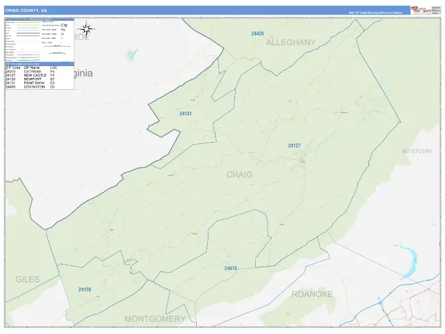 Craig County, VA ZIP Code Wall Map, Business Reference style