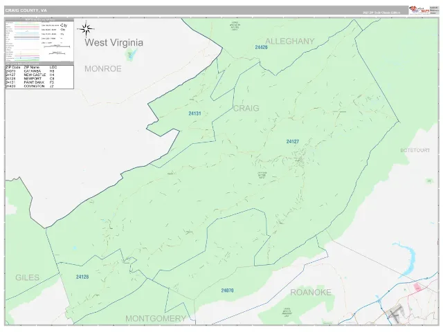 Craig County, VA ZIP Code Wall Map, Classic style