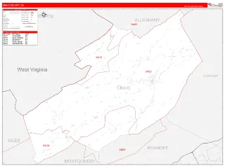 Craig County, VA RedLine style ZIP Code wall map