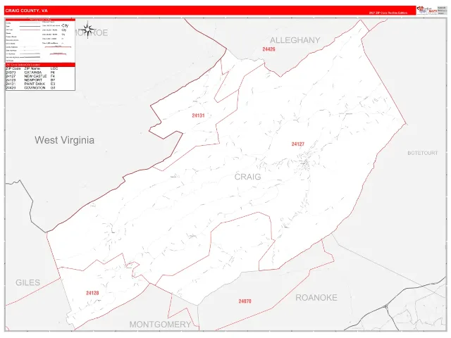 Craig County, VA ZIP Code Wall Map, RedLine style