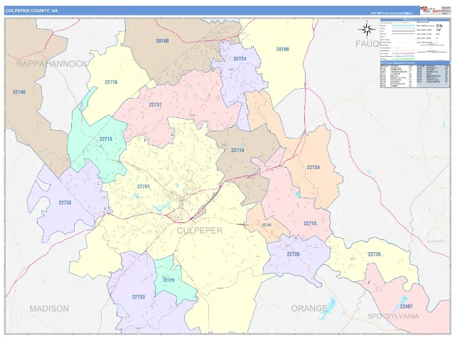 Culpeper County, VA ZIP Code Wall Map, ColorCast style