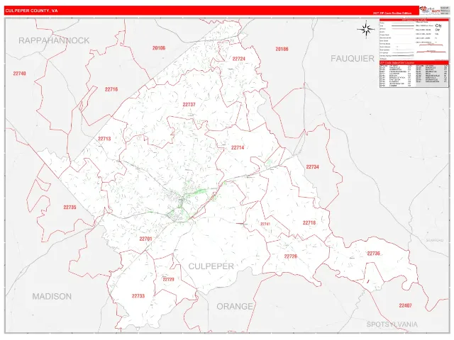Culpeper County, VA ZIP Code Wall Map, RedLine style