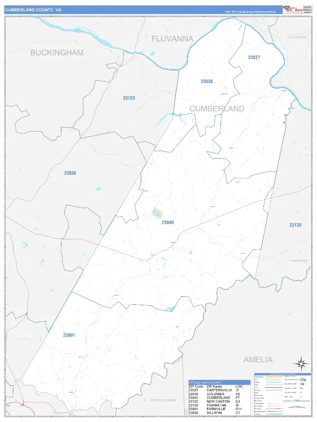 Cumberland County, VA ZIP Code Wall Map, Business Reference style