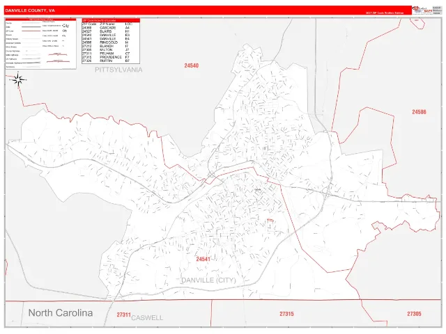 Danville County, VA ZIP Code Wall Map, RedLine style