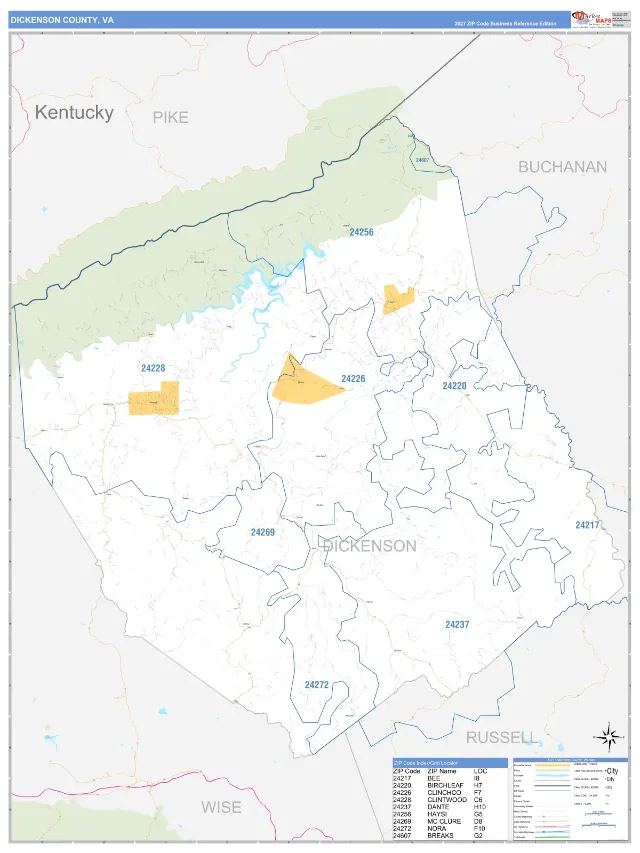 Dickenson County, VA ZIP Code Wall Map, Business Reference style