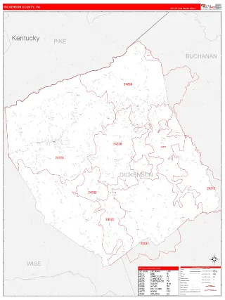 Dickenson County, VA RedLine style ZIP Code wall map