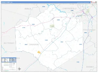 Dinwiddie County, VA Business Reference style ZIP Code wall map