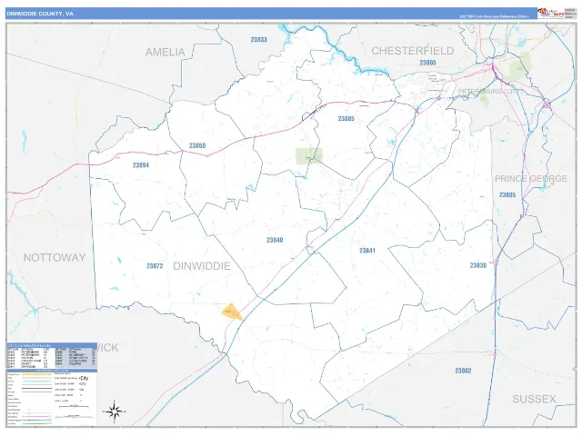Dinwiddie County, VA ZIP Code Wall Map, Business Reference style