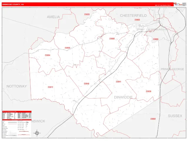 Dinwiddie County, VA ZIP Code Wall Map, RedLine style