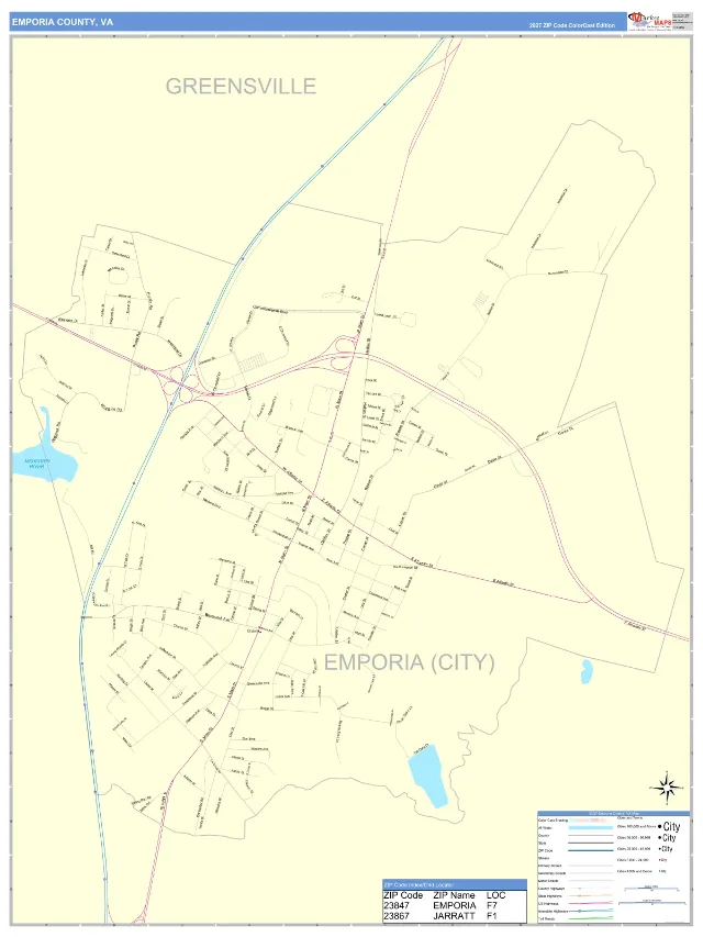 Emporia County, VA ZIP Code Wall Map, ColorCast style