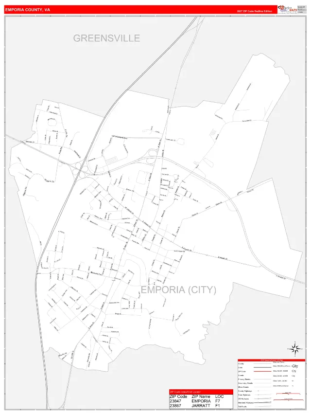 Emporia County, VA ZIP Code Wall Map, RedLine style