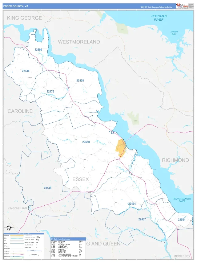 Essex County, VA ZIP Code Wall Map, Business Reference style